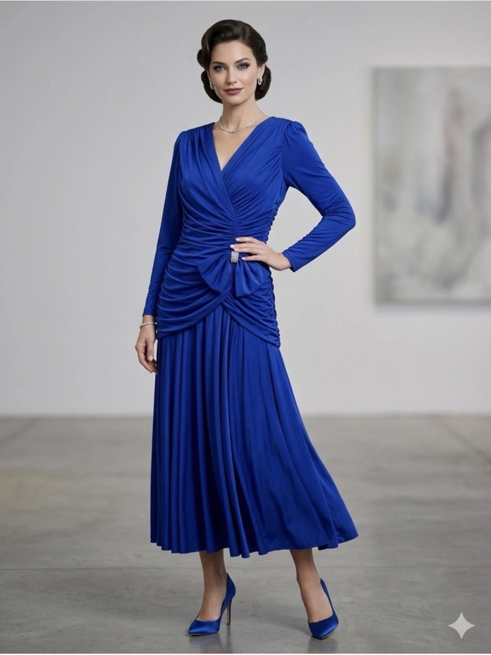 Vintage Royal Blue 80s Cocktail Formal Dress Draped Ruched Big Bow Prom Sz L